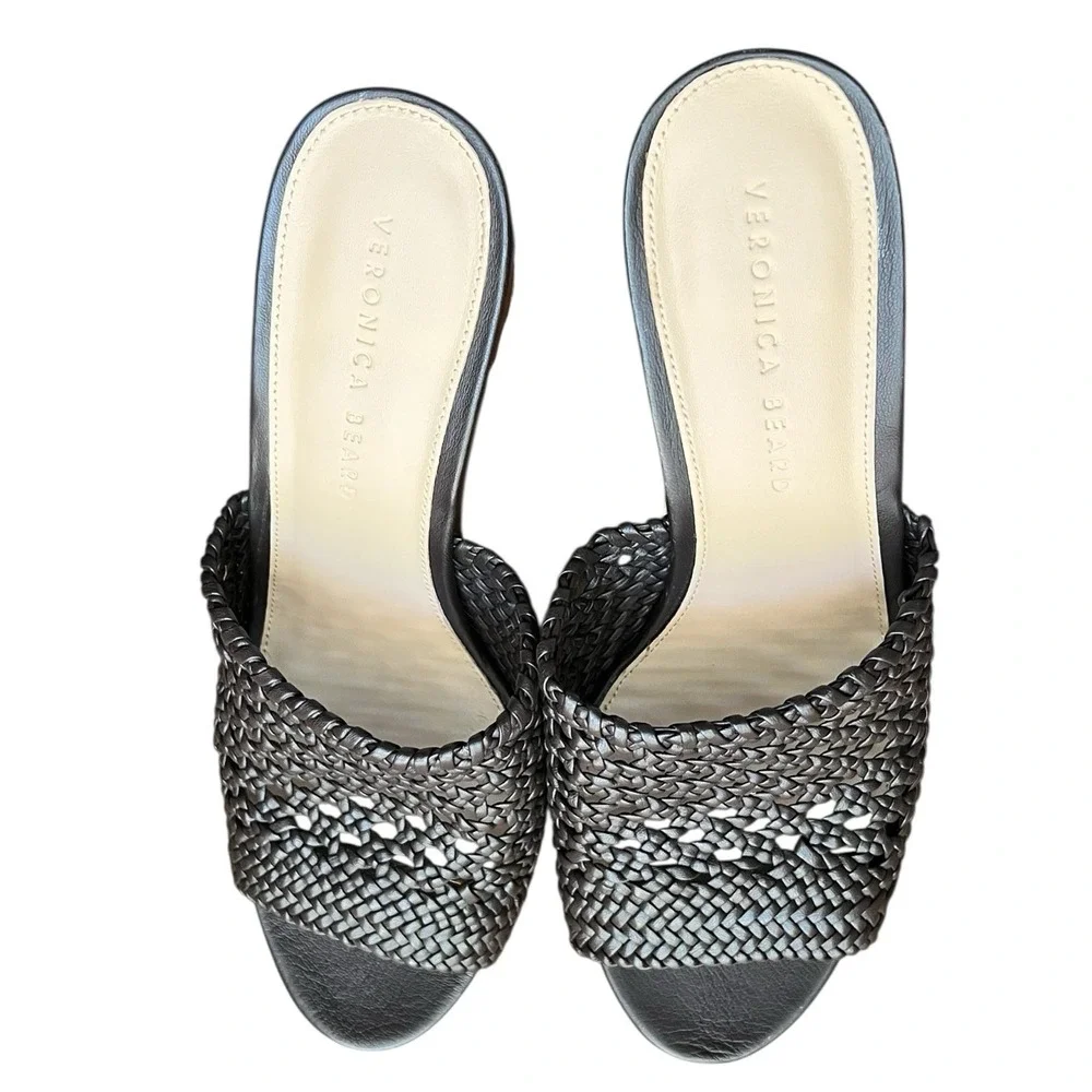 Veronica Beard Guadalupe Woven Platform Mule Heels Wood‎ Chunky Resort 8.5